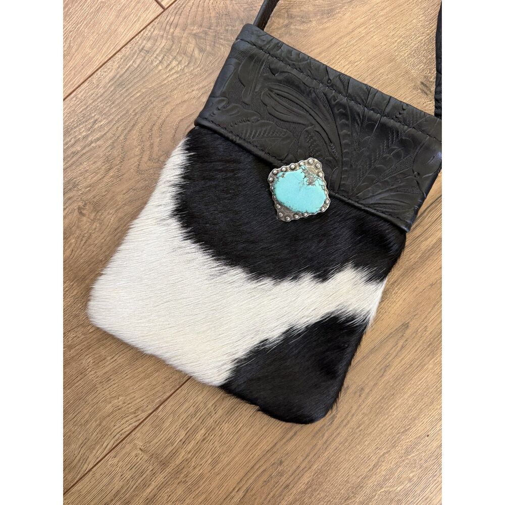 VINTAGE cowhide Black leather Turquoise silver crossbody bag western boho